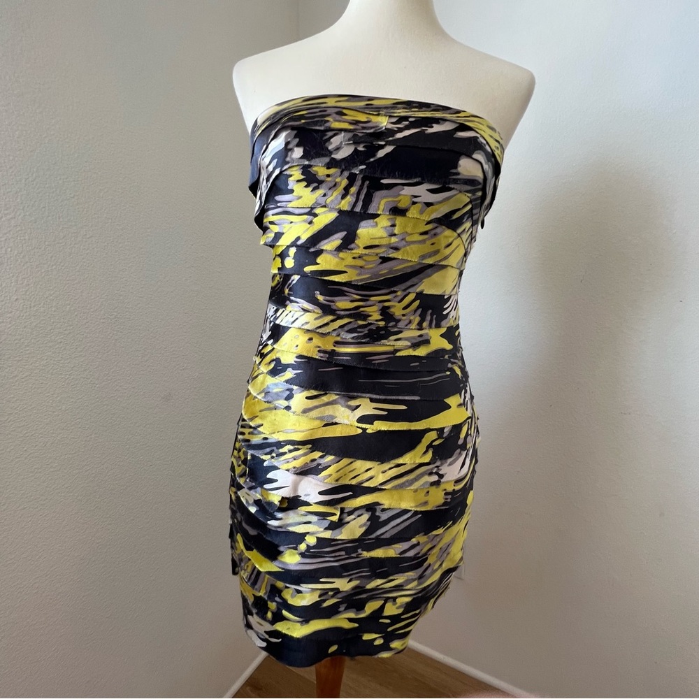 Bebe Layered Satin Cocktail dress with eye hook corset back